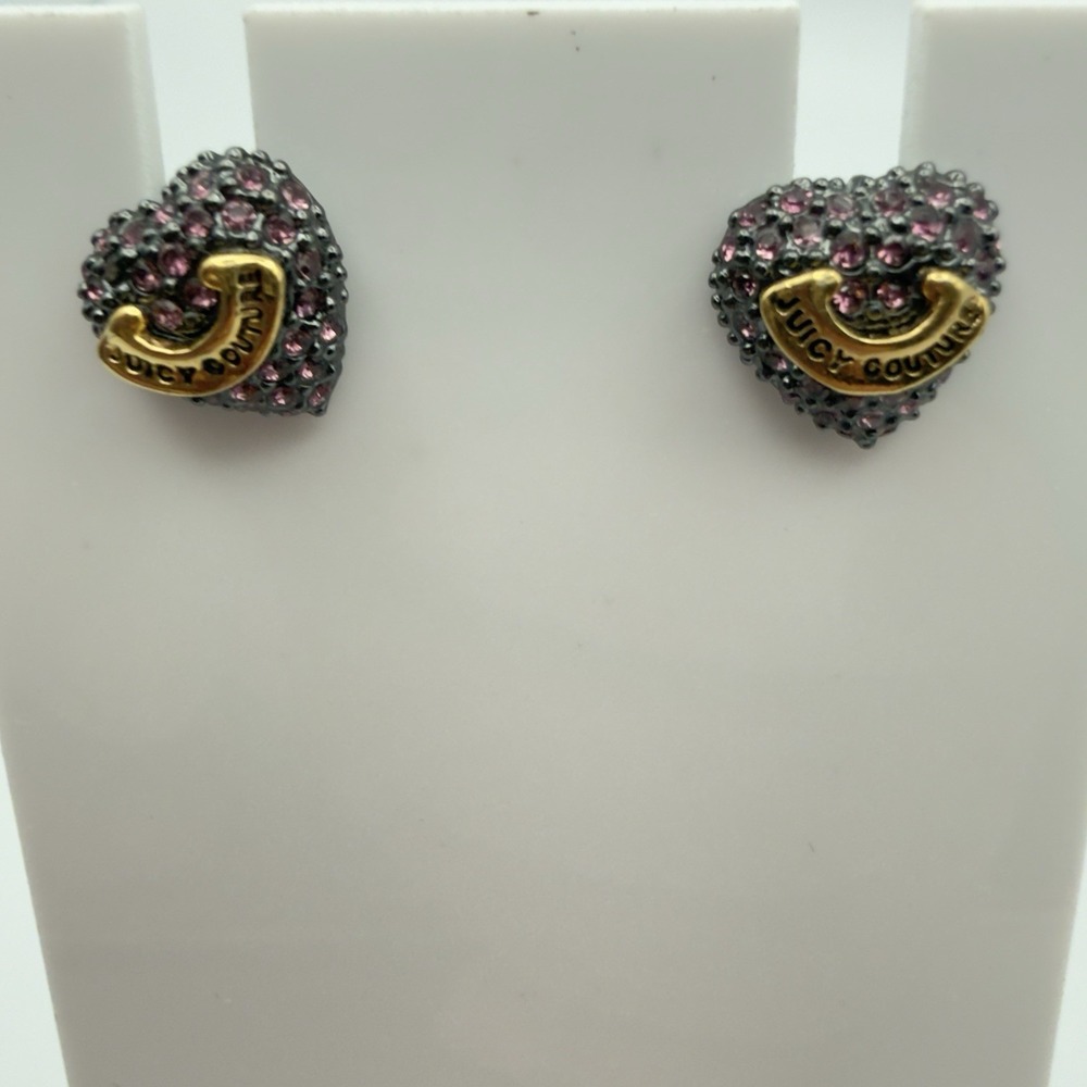 Juicy Couture Pink Rhinestone Heart Stud Earrings Black Tone Signed Vintage Y2K